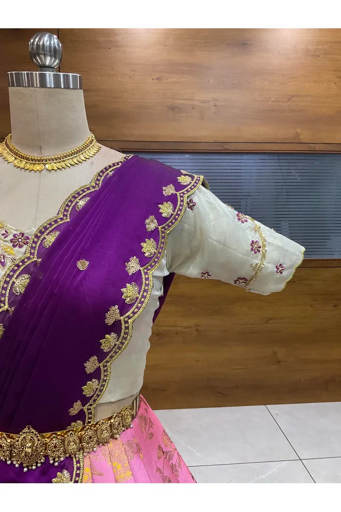 Beautiful South Indian Style Half Saree with Hand Work Blouse and Dupatta for Women | Shobitha - Image 7