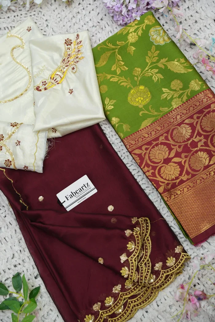 Beautiful South Indian Style Half Saree with Hand Work Blouse and Dupatta for Women | Shobitha - Image 83