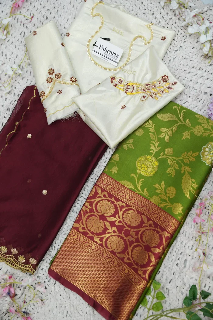 Beautiful South Indian Style Half Saree with Hand Work Blouse and Dupatta for Women | Shobitha - Image 84