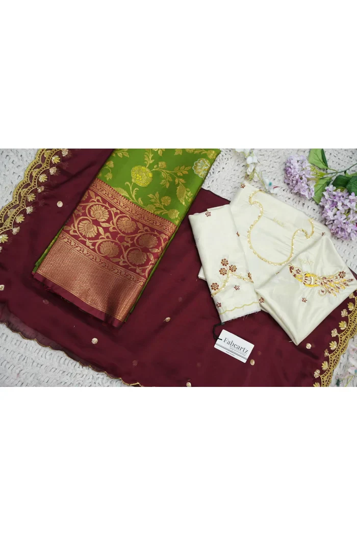 Beautiful South Indian Style Half Saree with Hand Work Blouse and Dupatta for Women | Shobitha - Image 89
