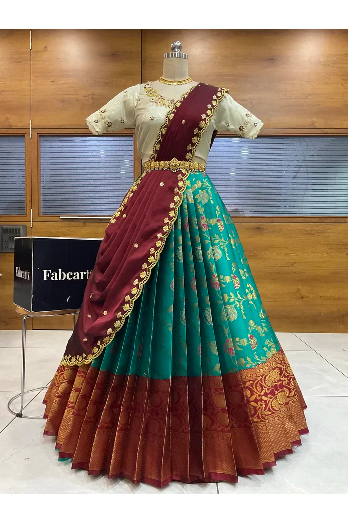 Beautiful South Indian Style Half Saree with Hand Work Blouse and Dupatta for Women | Shobitha - Image 93