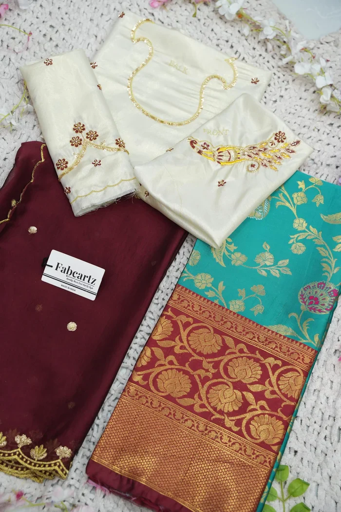 Beautiful South Indian Style Half Saree with Hand Work Blouse and Dupatta for Women | Shobitha - Image 96