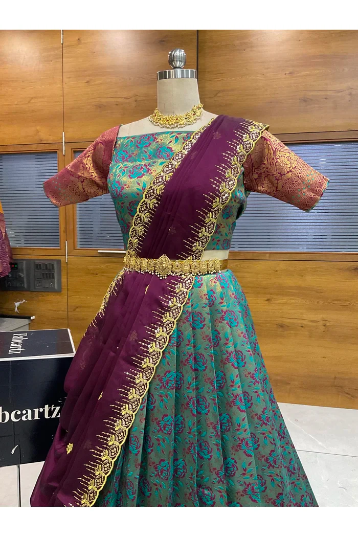 Beautiful South Indian Style Half Saree with Embroidery Blouse and Dupatta for Women | Atreyi - Image 24