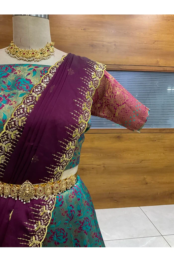 Beautiful South Indian Style Half Saree with Embroidery Blouse and Dupatta for Women | Atreyi - Image 25