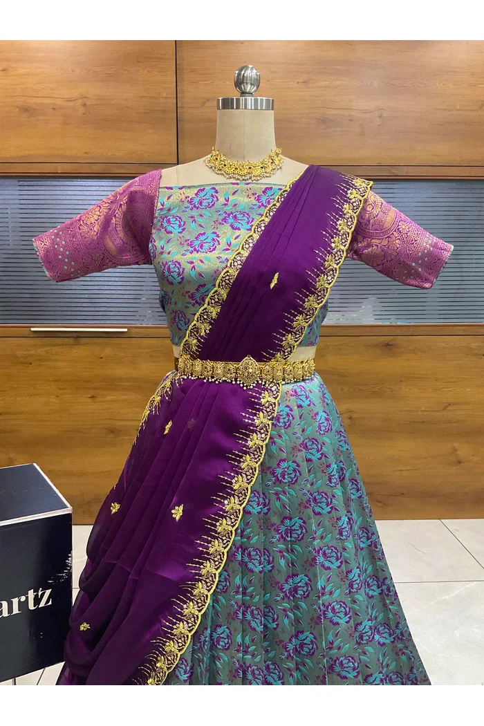Beautiful South Indian Style Half Saree with Embroidery Blouse and Dupatta for Women | Atreyi - Image 28