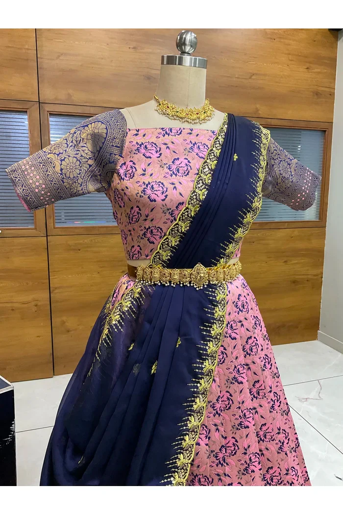Beautiful South Indian Style Half Saree with Embroidery Blouse and Dupatta for Women | Atreyi - Image 3