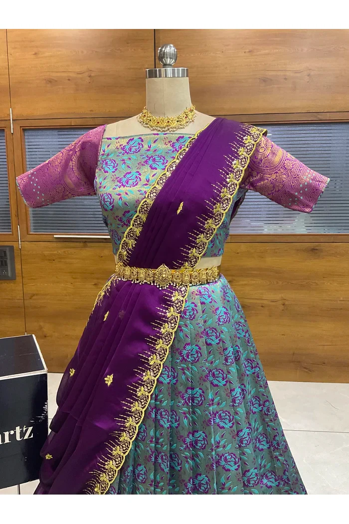 Beautiful South Indian Style Half Saree with Embroidery Blouse and Dupatta for Women | Atreyi - Image 30