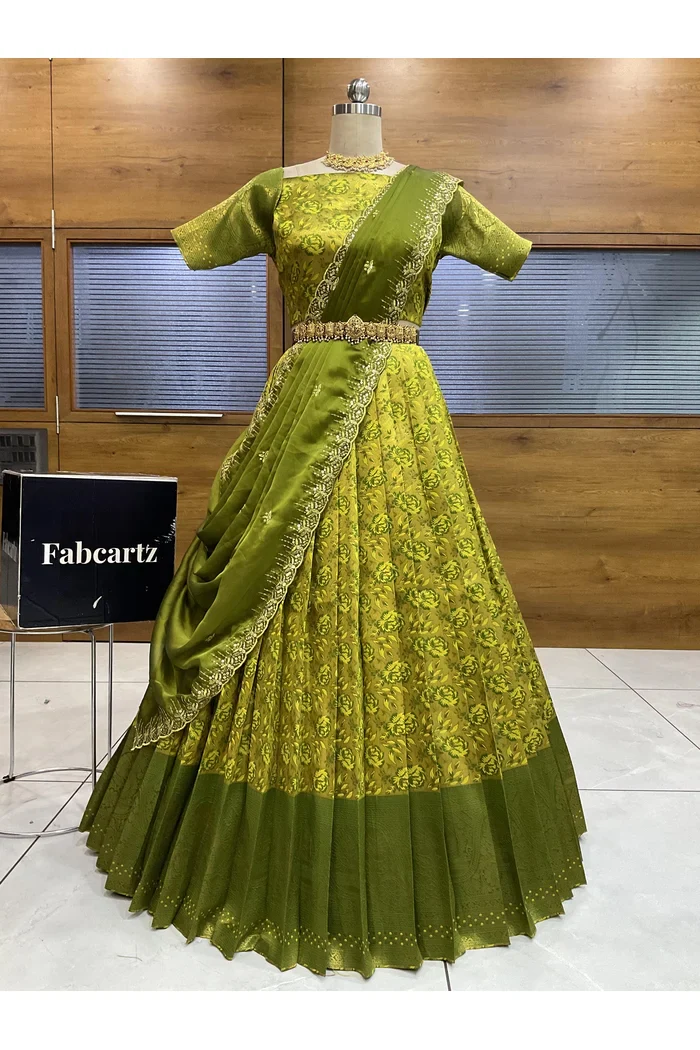 Beautiful South Indian Style Half Saree with Embroidery Blouse and Dupatta for Women | Atreyi - Image 33