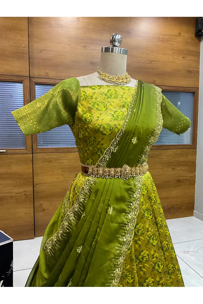 Beautiful South Indian Style Half Saree with Embroidery Blouse and Dupatta for Women | Atreyi - Image 35