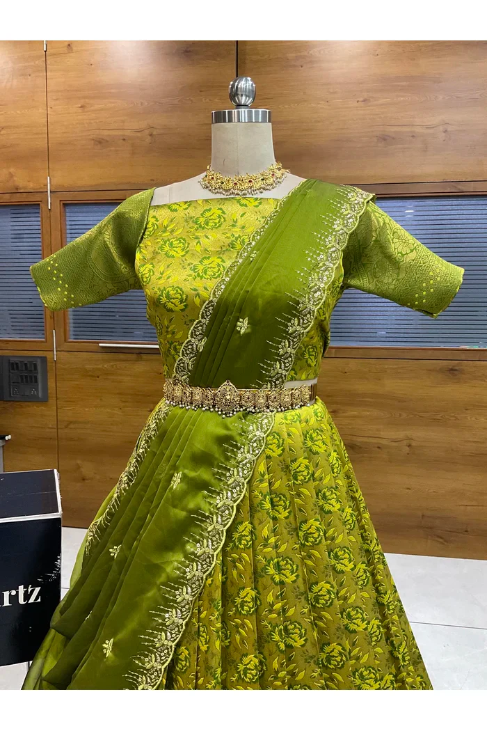 Beautiful South Indian Style Half Saree with Embroidery Blouse and Dupatta for Women | Atreyi - Image 36
