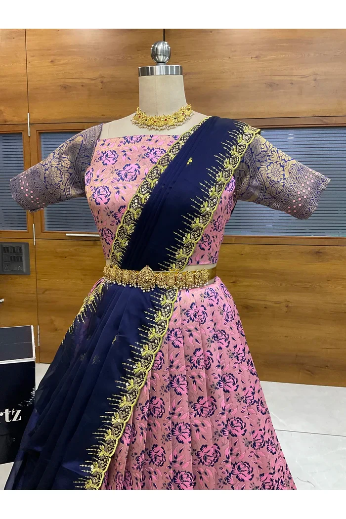 Beautiful South Indian Style Half Saree with Embroidery Blouse and Dupatta for Women | Atreyi - Image 4