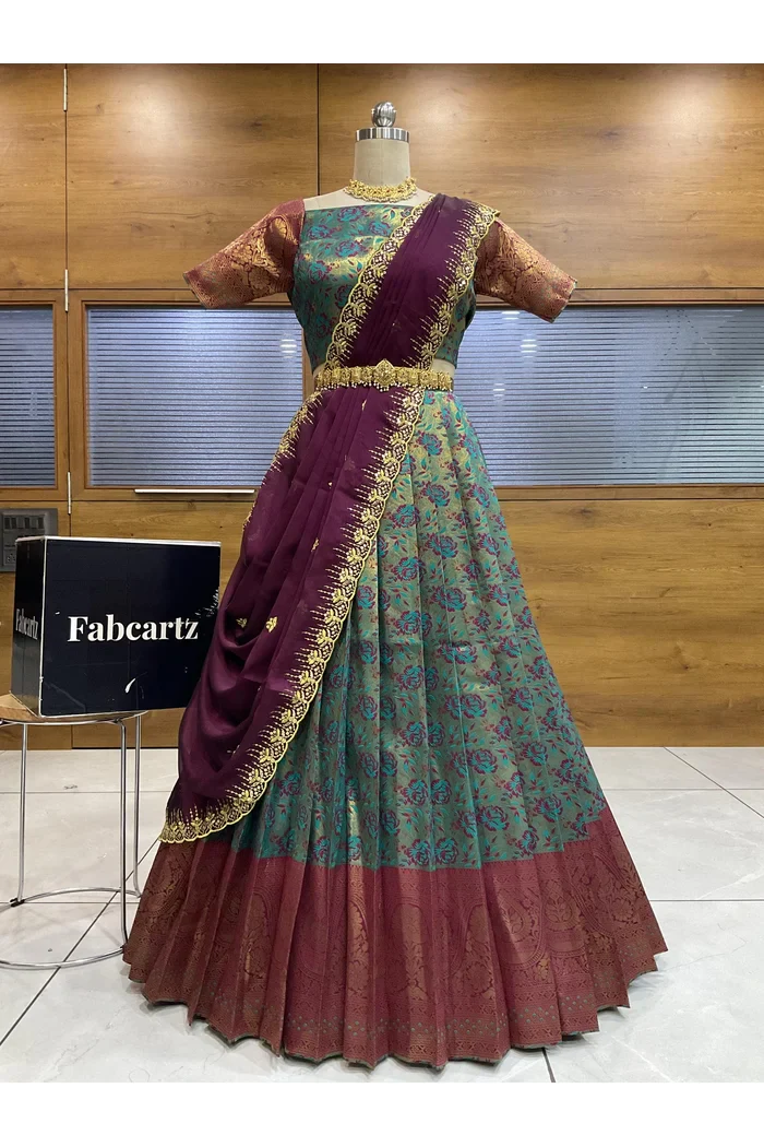 Beautiful South Indian Style Half Saree with Embroidery Blouse and Dupatta for Women | Atreyi - Image 63
