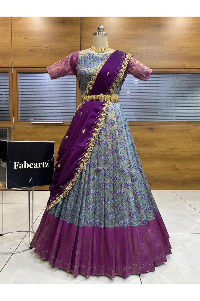 Beautiful South Indian Style Half Saree with Embroidery Blouse and Dupatta for Women | Atreyi - Image 71