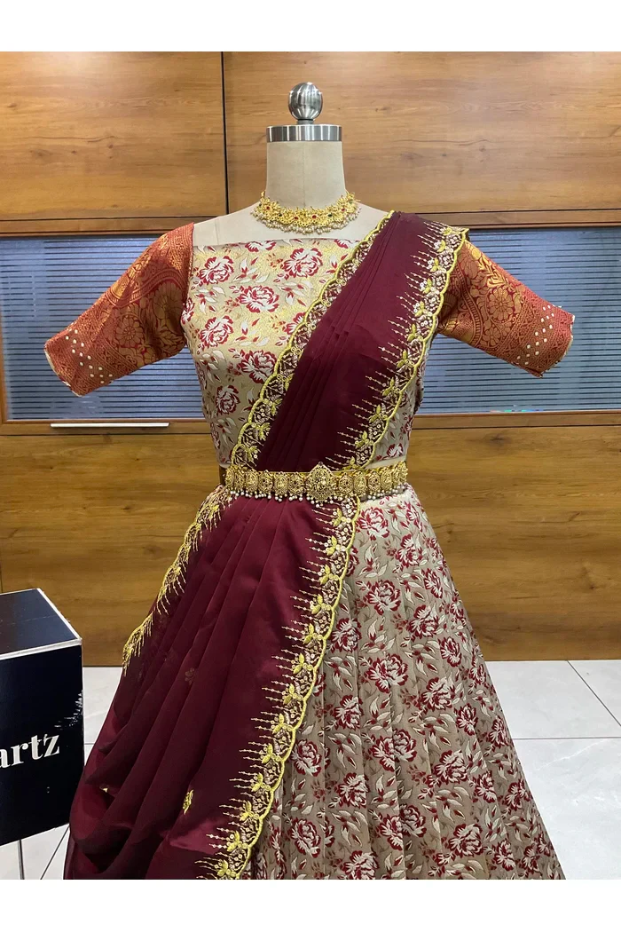 Beautiful South Indian Style Half Saree with Embroidery Blouse and Dupatta for Women | Atreyi - Image 9