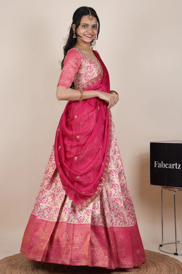 Beautiful South Indian Style Half Saree with Embroidery Blouse and Dupatta for Women | Atreyi Kv - Image 21