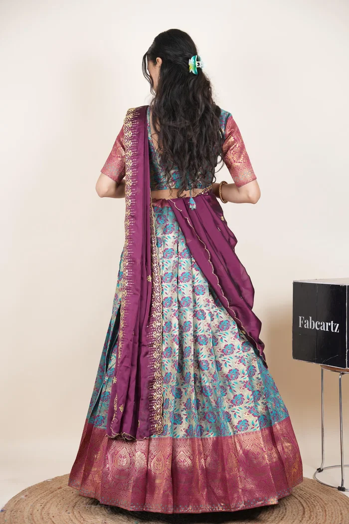 Beautiful South Indian Style Half Saree with Embroidery Blouse and Dupatta for Women | Atreyi Kv - Image 29
