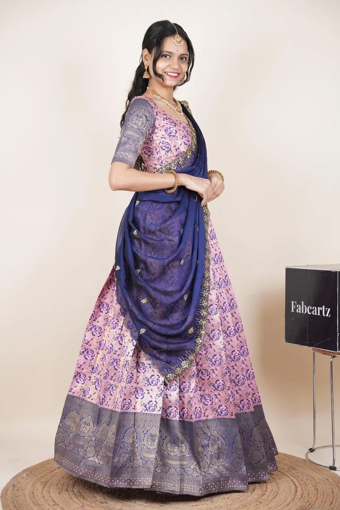 Beautiful South Indian Style Half Saree with Embroidery Blouse and Dupatta for Women | Atreyi Kv - Image 3