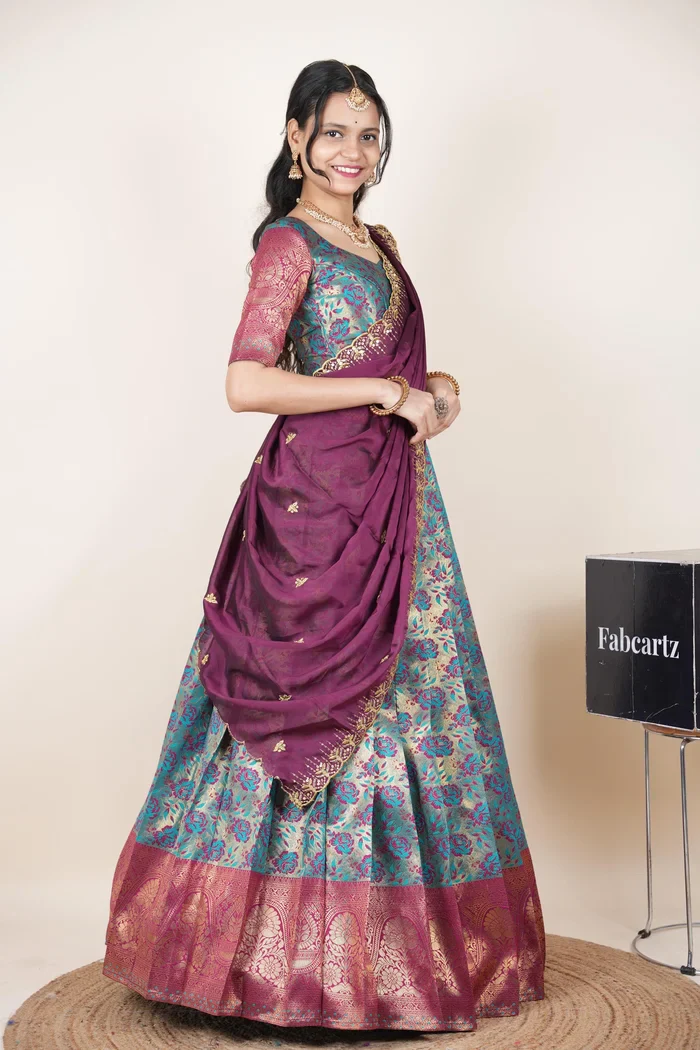 Beautiful South Indian Style Half Saree with Embroidery Blouse and Dupatta for Women | Atreyi Kv - Image 30