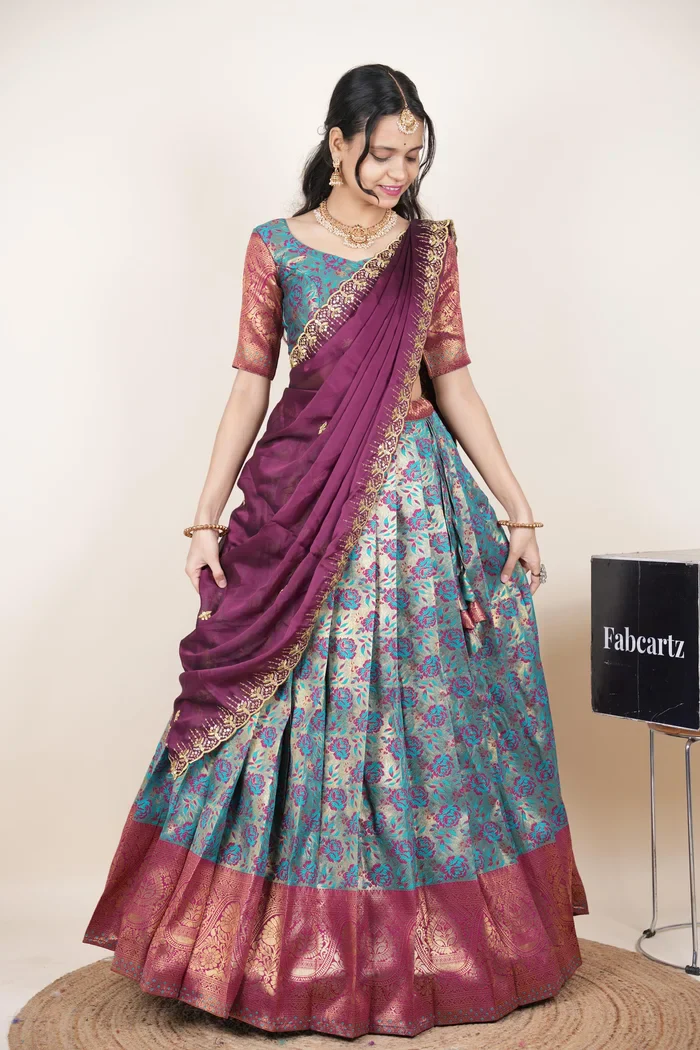 Beautiful South Indian Style Half Saree with Embroidery Blouse and Dupatta for Women | Atreyi Kv - Image 32