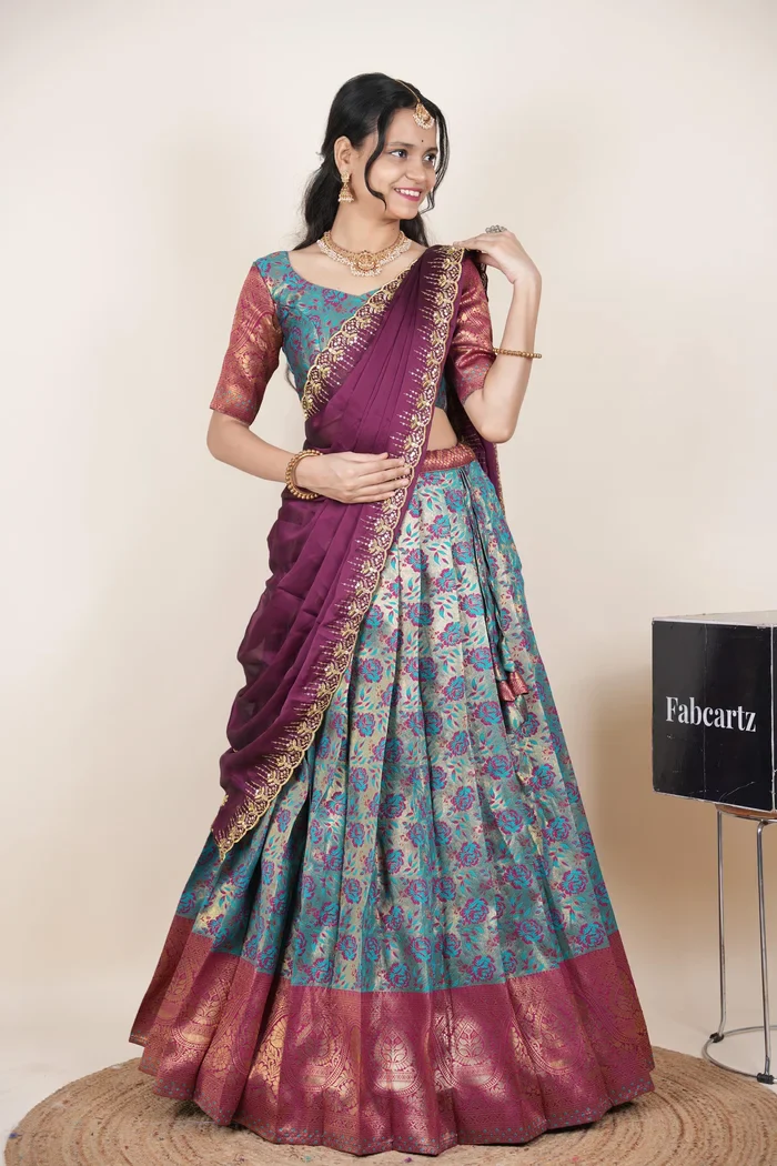 Beautiful South Indian Style Half Saree with Embroidery Blouse and Dupatta for Women | Atreyi Kv - Image 33