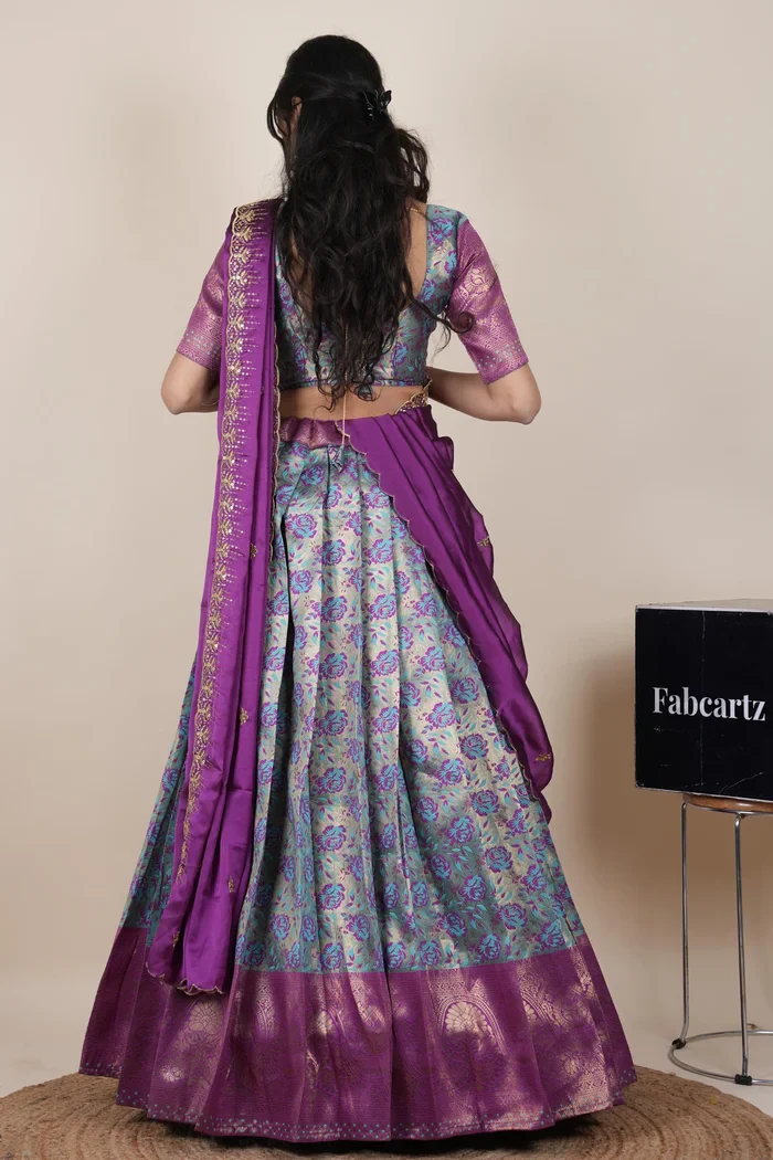 Beautiful South Indian Style Half Saree with Embroidery Blouse and Dupatta for Women | Atreyi Kv - Image 38