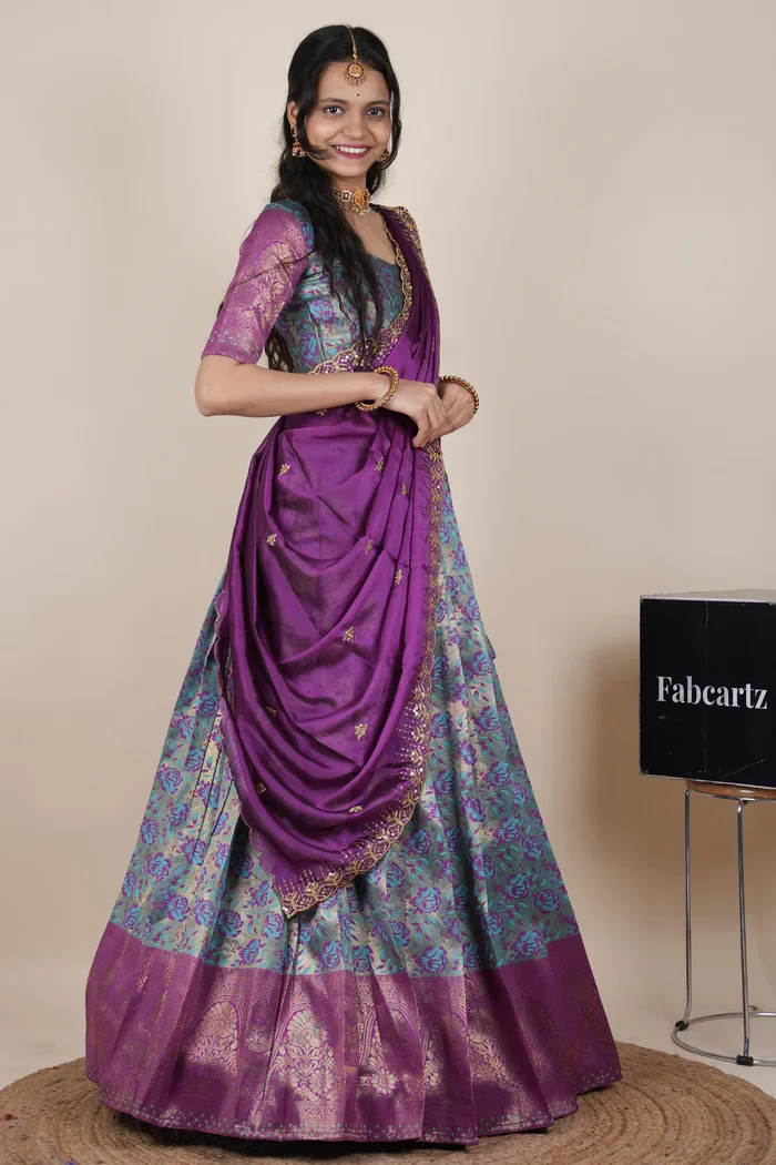 Beautiful South Indian Style Half Saree with Embroidery Blouse and Dupatta for Women | Atreyi Kv - Image 39