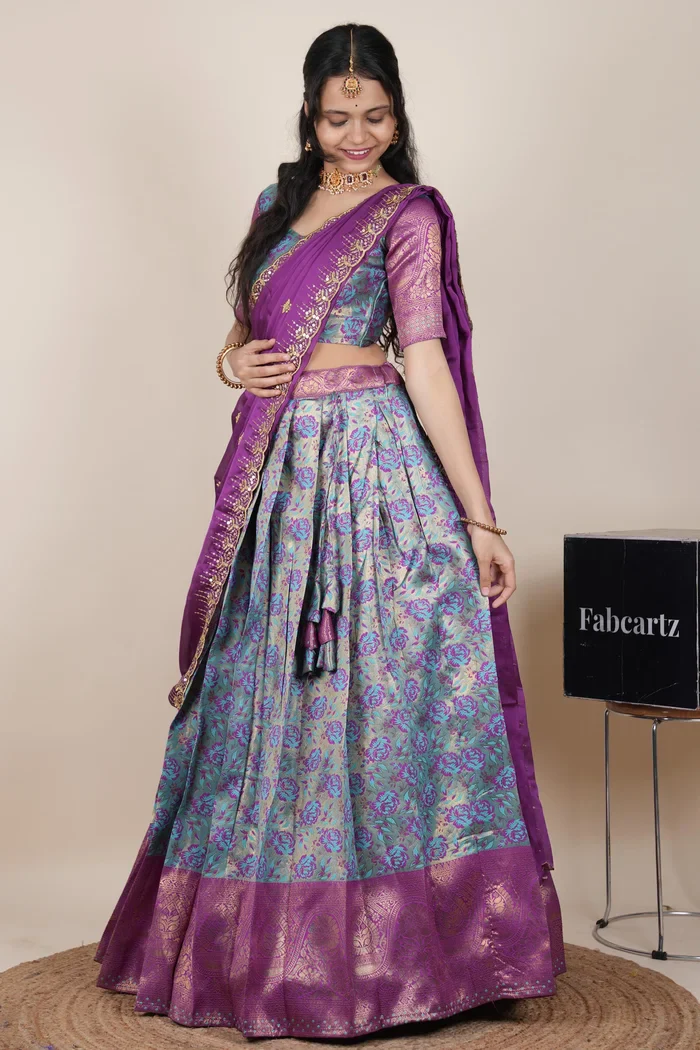 Beautiful South Indian Style Half Saree with Embroidery Blouse and Dupatta for Women | Atreyi Kv - Image 40