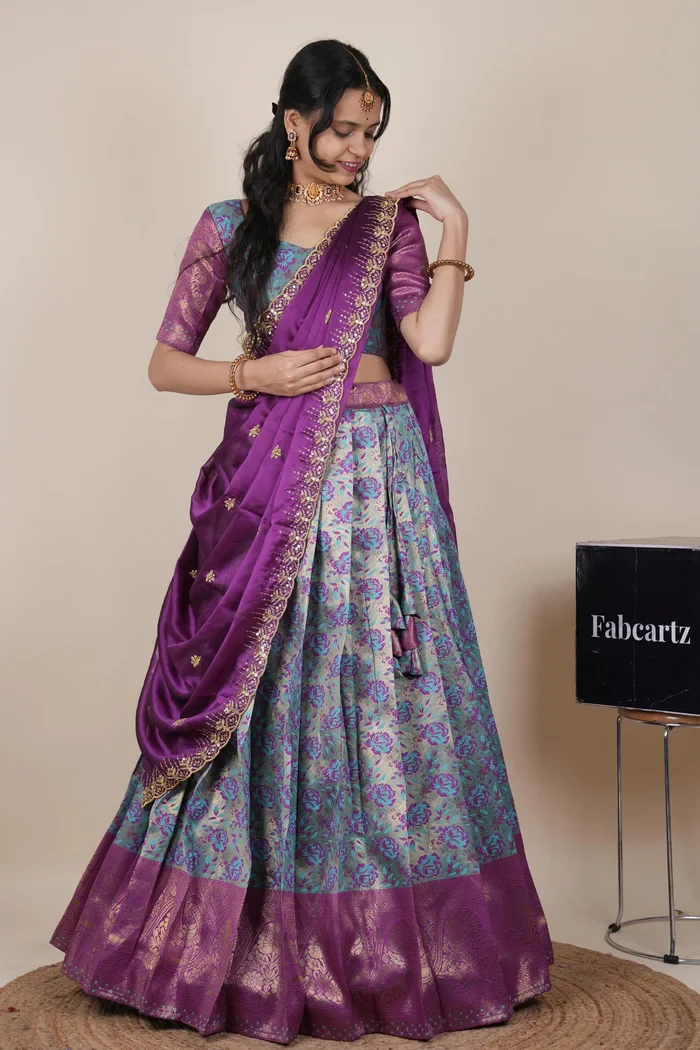 Beautiful South Indian Style Half Saree with Embroidery Blouse and Dupatta for Women | Atreyi Kv - Image 42