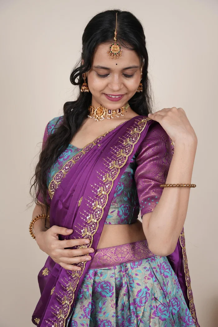 Beautiful South Indian Style Half Saree with Embroidery Blouse and Dupatta for Women | Atreyi Kv - Image 44