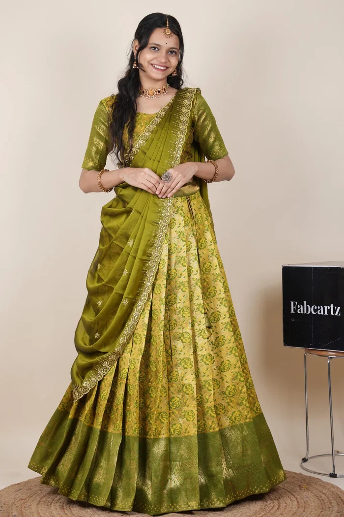 Beautiful South Indian Style Half Saree with Embroidery Blouse and Dupatta for Women | Atreyi Kv - Image 46