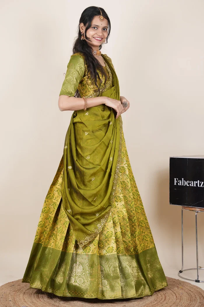 Beautiful South Indian Style Half Saree with Embroidery Blouse and Dupatta for Women | Atreyi Kv - Image 48