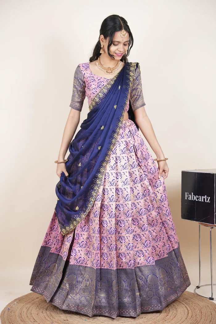 Beautiful South Indian Style Half Saree with Embroidery Blouse and Dupatta for Women | Atreyi Kv - Image 5