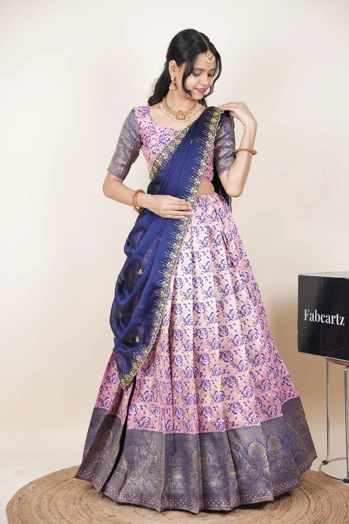 Beautiful South Indian Style Half Saree with Embroidery Blouse and Dupatta for Women | Atreyi Kv - Image 6