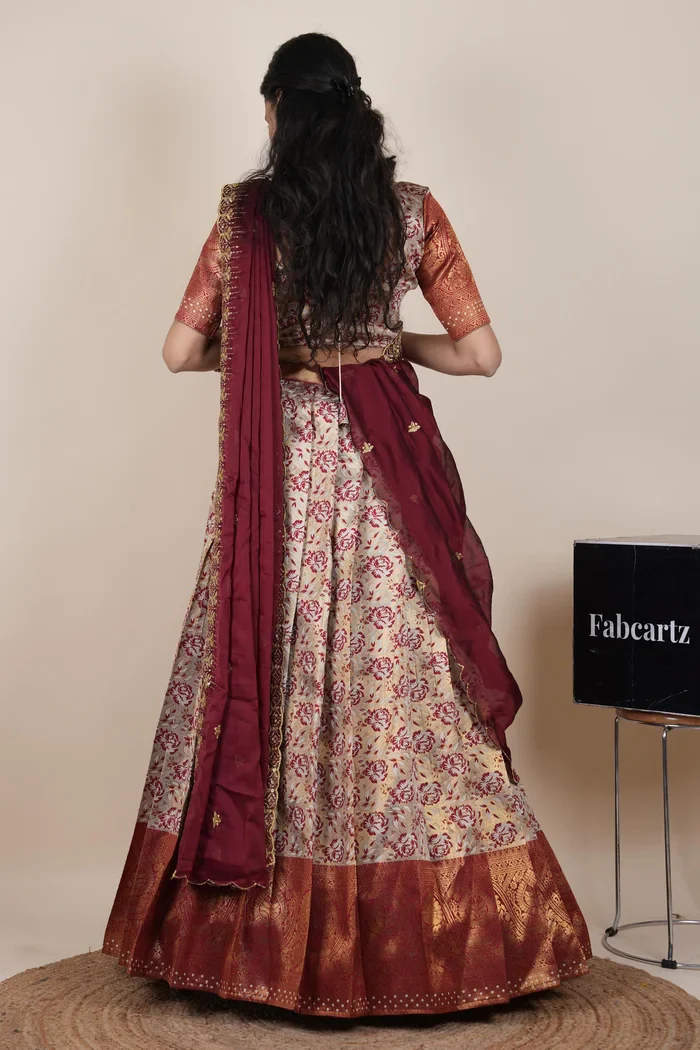 Beautiful South Indian Style Half Saree with Embroidery Blouse and Dupatta for Women | Atreyi Kv - Image 64