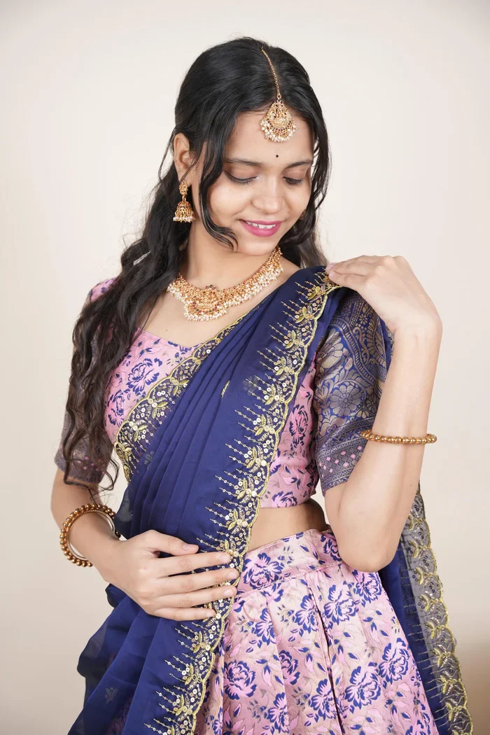 Beautiful South Indian Style Half Saree with Embroidery Blouse and Dupatta for Women | Atreyi Kv - Image 7