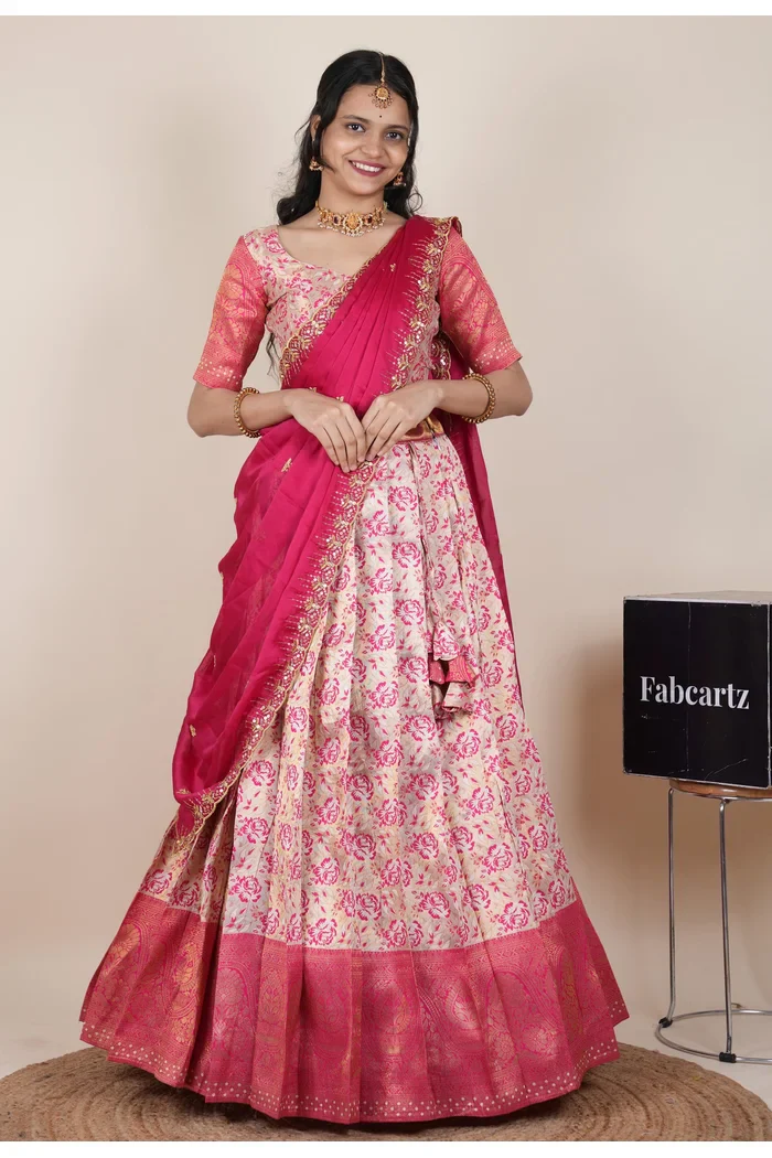 Beautiful South Indian Style Half Saree with Embroidery Blouse and Dupatta for Women | Atreyi Kv - Image 71