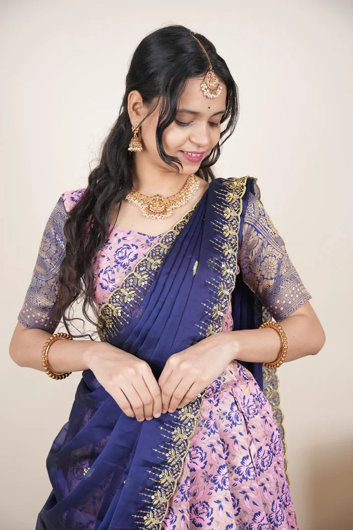 Beautiful South Indian Style Half Saree with Embroidery Blouse and Dupatta for Women | Atreyi Kv - Image 8