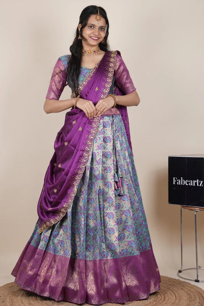 Beautiful South Indian Style Half Saree with Embroidery Blouse and Dupatta for Women | Atreyi Kv - Image 87