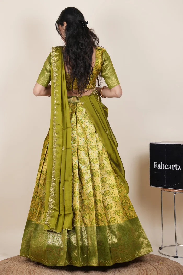 Beautiful South Indian Style Half Saree with Embroidery Blouse and Dupatta for Women | Atreyi Kv - Image 96