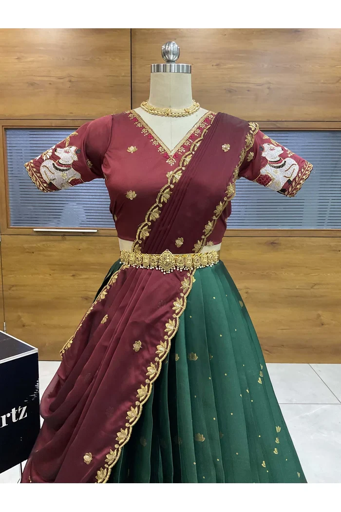 Beautiful South Indian Style Half Saree with Embroidery Blouse and Dupatta for Women | Gauri - Image 13