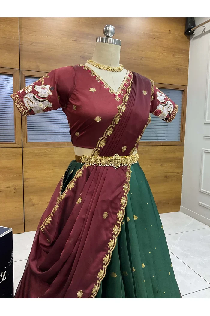 Beautiful South Indian Style Half Saree with Embroidery Blouse and Dupatta for Women | Gauri - Image 14