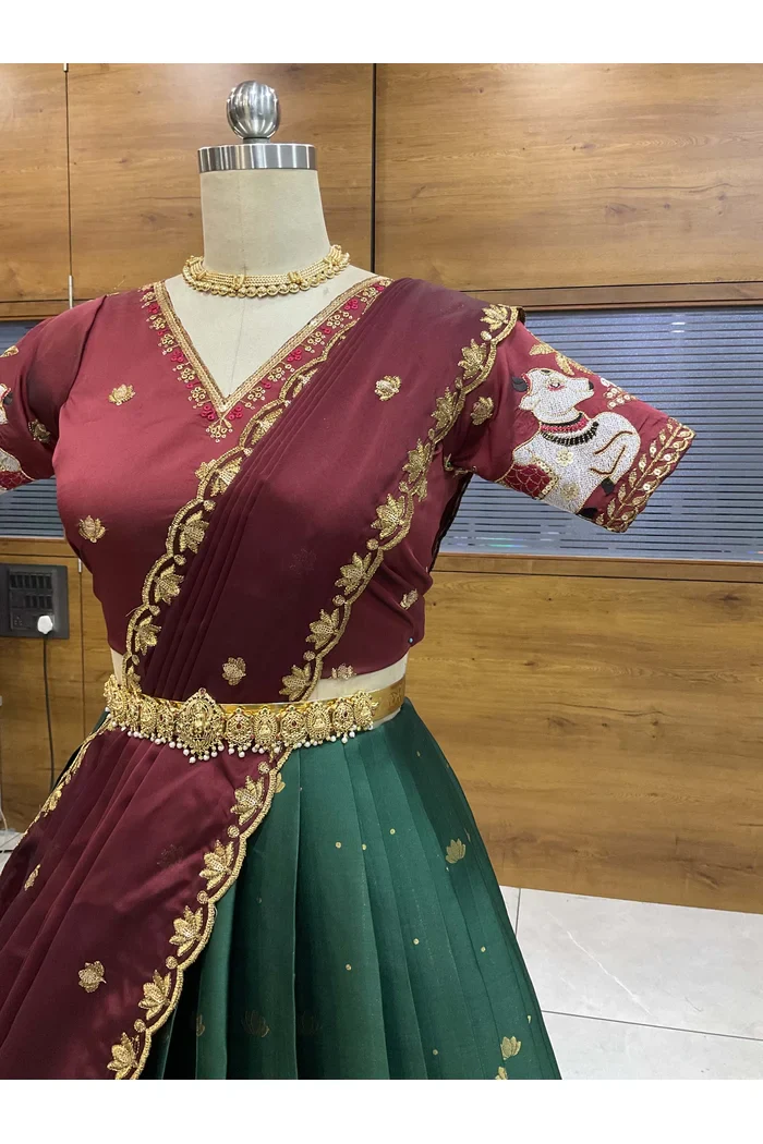 Beautiful South Indian Style Half Saree with Embroidery Blouse and Dupatta for Women | Gauri - Image 15