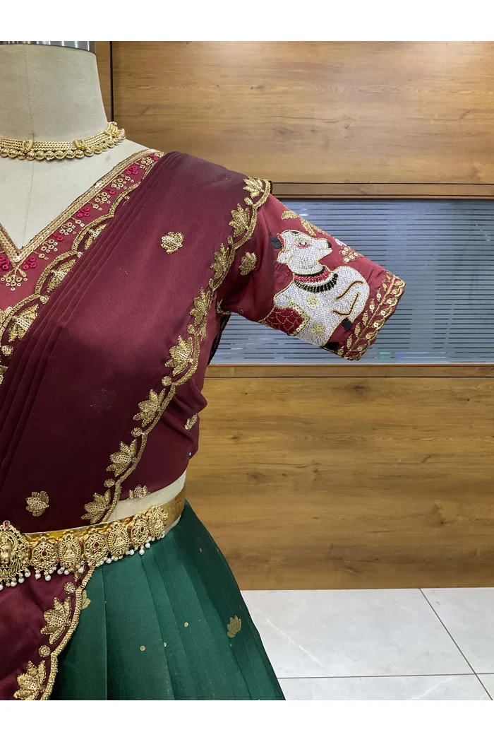 Beautiful South Indian Style Half Saree with Embroidery Blouse and Dupatta for Women | Gauri - Image 16