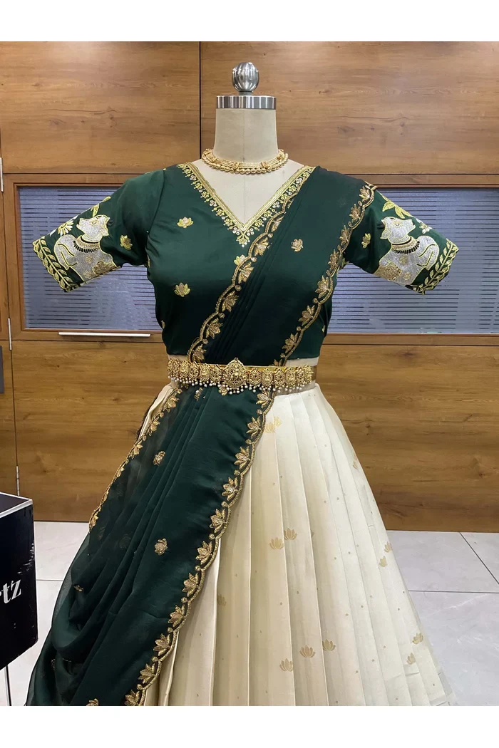 Beautiful South Indian Style Half Saree with Embroidery Blouse and Dupatta for Women | Gauri - Image 19