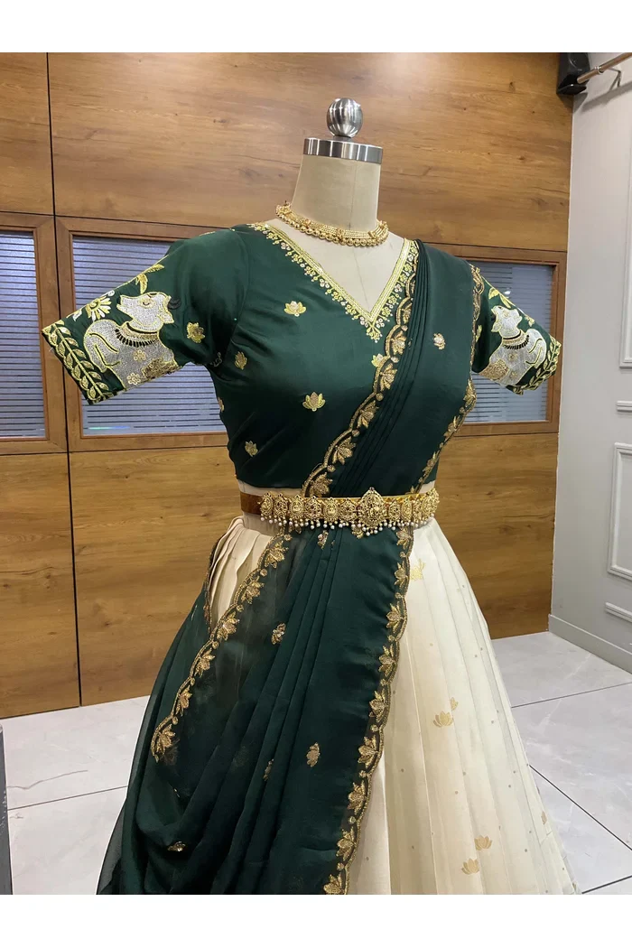 Beautiful South Indian Style Half Saree with Embroidery Blouse and Dupatta for Women | Gauri - Image 20