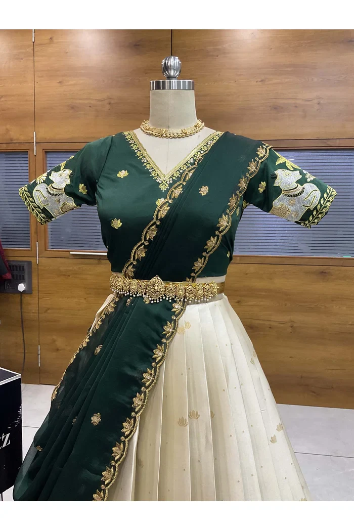 Beautiful South Indian Style Half Saree with Embroidery Blouse and Dupatta for Women | Gauri - Image 21