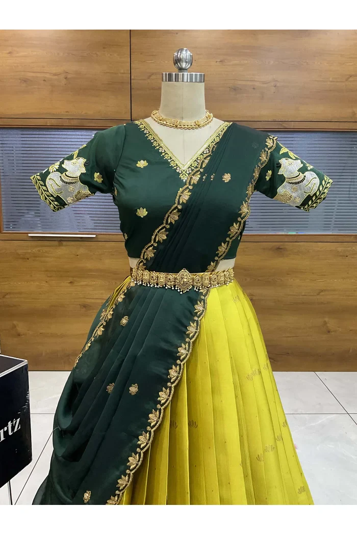 Beautiful South Indian Style Half Saree with Embroidery Blouse and Dupatta for Women | Gauri - Image 25