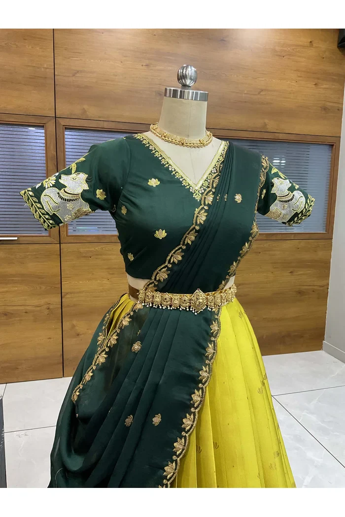 Beautiful South Indian Style Half Saree with Embroidery Blouse and Dupatta for Women | Gauri - Image 26