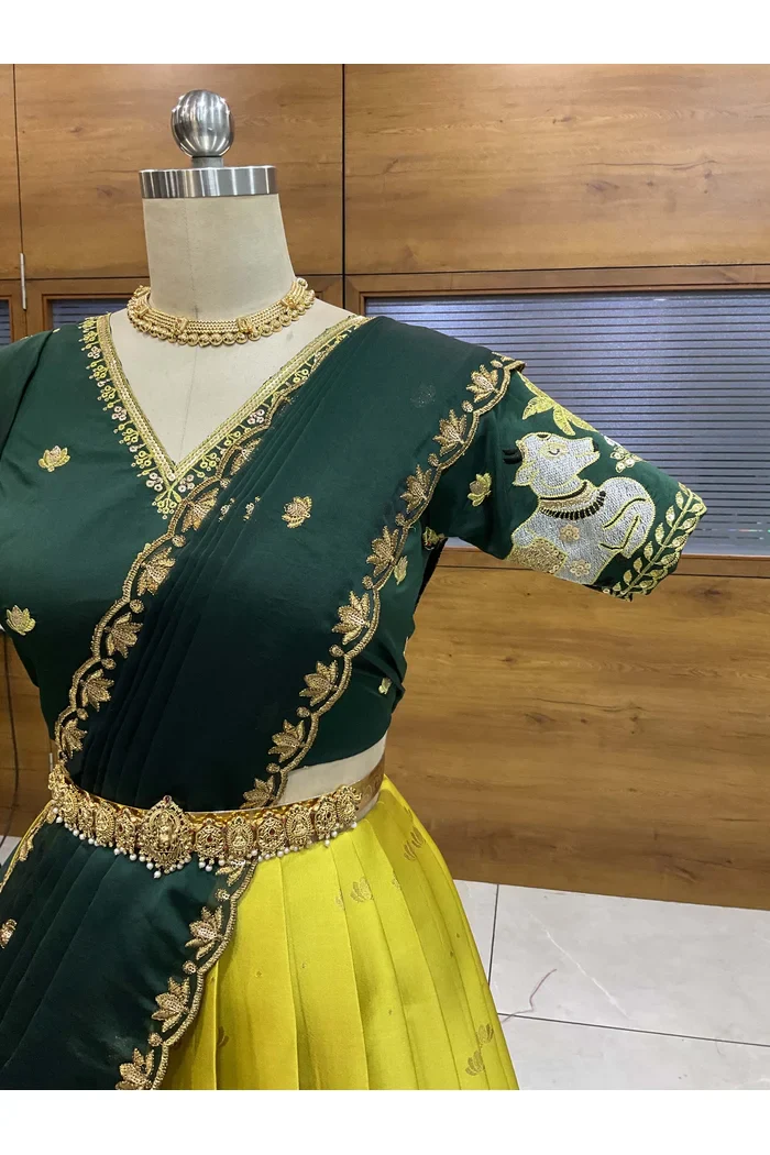 Beautiful South Indian Style Half Saree with Embroidery Blouse and Dupatta for Women | Gauri - Image 27