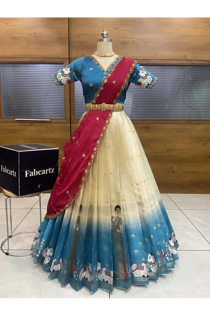 Beautiful South Indian Style Half Saree with Embroidery Blouse and Dupatta for Women | Gauri - Image 30